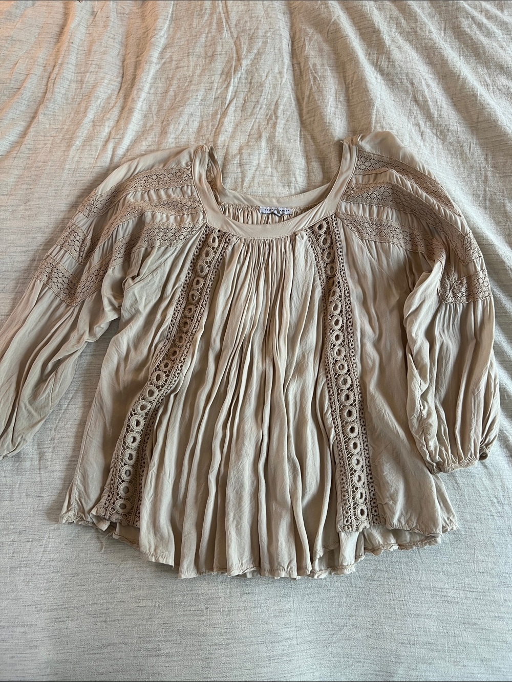 All in Favor Beige Crochet-Trim Peasant Tunic